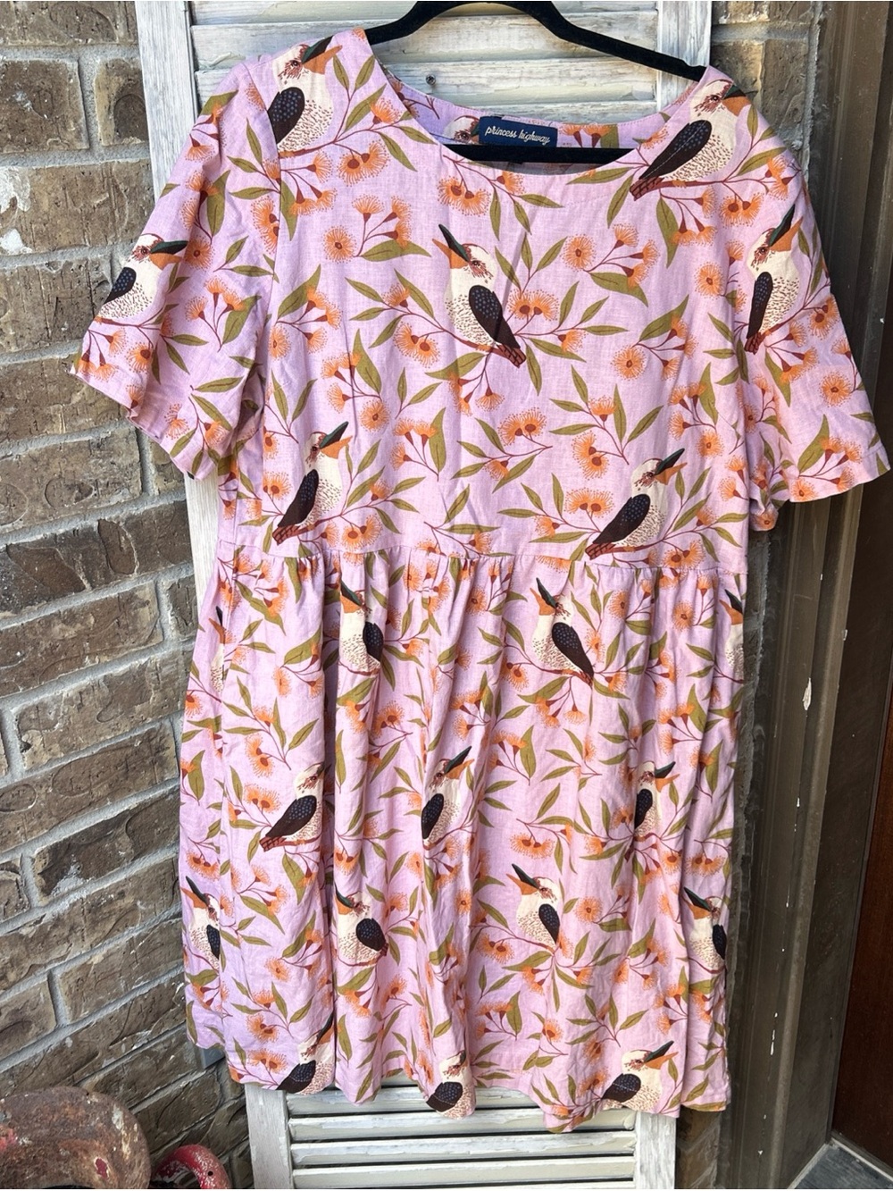 Princess Highway Dress Size 16 Kookaburra Bird Print Pink Pockets Linen